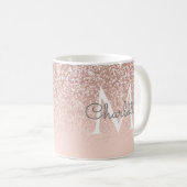 Mug Rose Gold Glitter Monogramme Rose Pâle Écriture Fé (Devant droit)