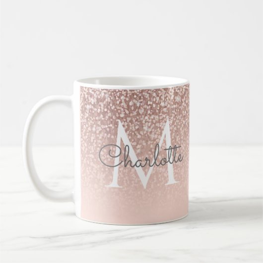 Mug Rose Gold Glitter Monogramme Rose Pâle Écriture Fé (Gauche)