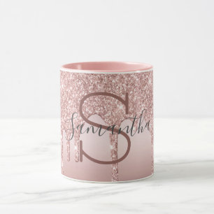 Mug Rose Gold Monogramme Paillettes Goutte Fard Rose T