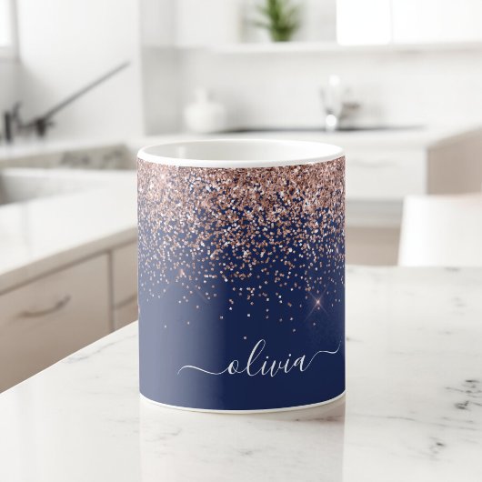 Mug Rose Gold Rose Pâle Bleu Nuit Paillettes Monogramm