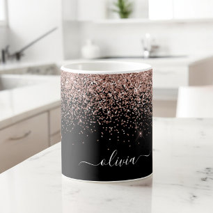 Mug Rose Gold - Rose Pâle Noir Paillettes Pailleté Nom