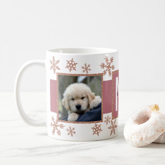 Mug Rose Gold Snowflake 2 Photo Monogramme Noël (Avec donut)