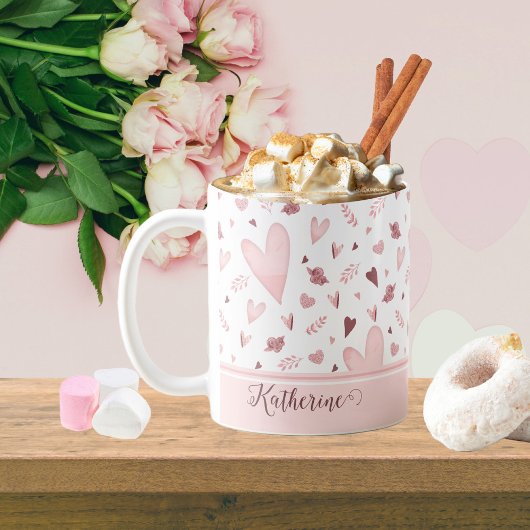 Mug Rose | Mauve Aquarelle Coeurs Nom du Motif