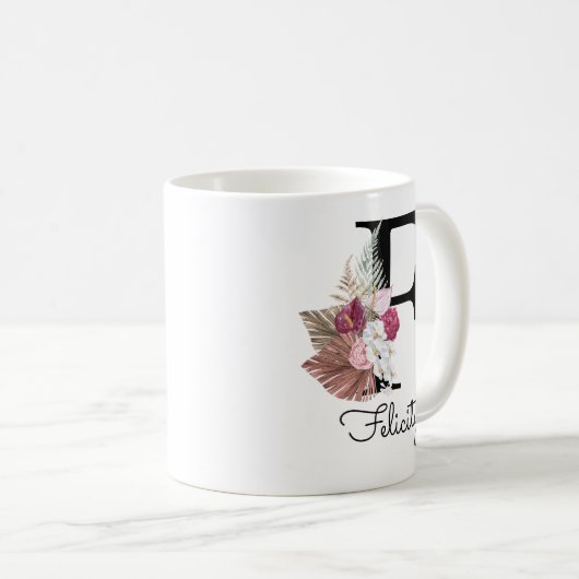 Mug Rose moderne Boho Floral Initiale F (Devant droit)