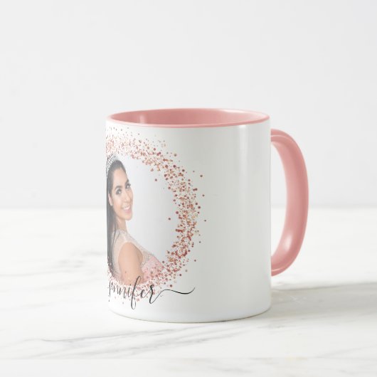 Mug Rose or blanc photo parties scintillant nom script (Devant droit)