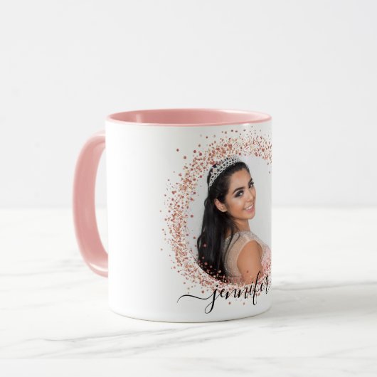 Mug Rose or blanc photo parties scintillant nom script (Devant gauche)