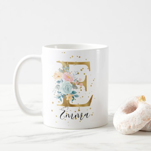 Mug Rose or Pastel Floral Aquarelle Monogramme E (Avec donut)
