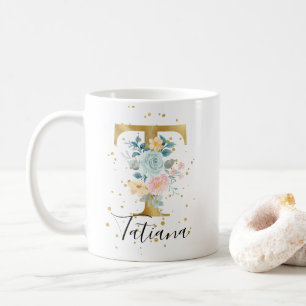 Mug Rose or Pastel Floral Aquarelle Monogramme T