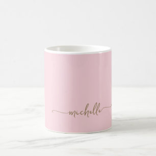 Mug Rose Pâle Élégant Monogramme Signature en Or Scrip