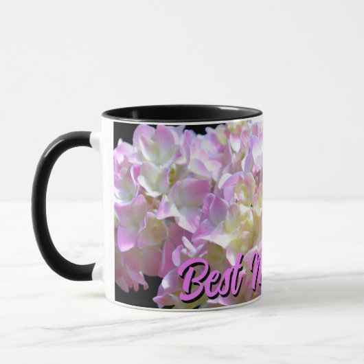 Mug rose pastel jaune pourpre hydrangée fleurs maman (Gauche)