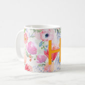 Mug Rose rose pâle fleurs aquarelle monogramme (Devant gauche)