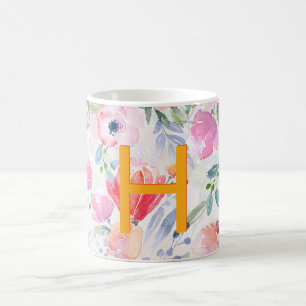 Mug Rose rose pâle fleurs aquarelle monogramme