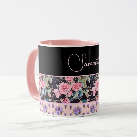Mug Rose rose Rose Aquarelle Vintage personnalisable (Devant gauche)