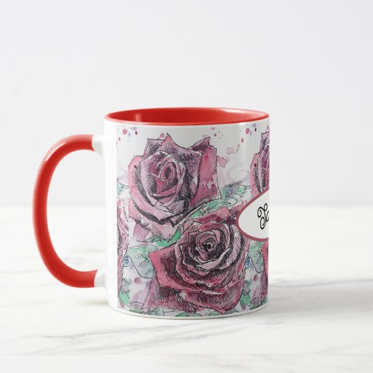 Mug Rose rouge Fleurs d'aquarelle peinture florale (Gauche)