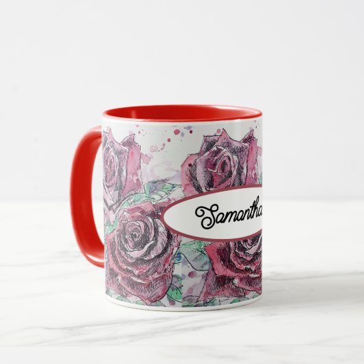 Mug Rose rouge Fleurs d'aquarelle peinture florale (Devant gauche)