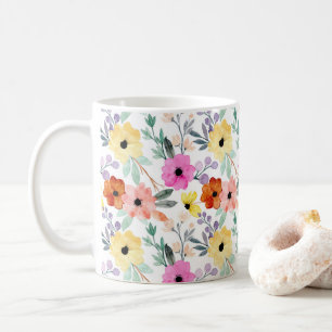 Mug Rose, Rouge, Fleurs Florales Jaunes Aquarelle