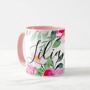 Mug Rose Rouge Pastel Fleurs Aquarelle Floral Ajouter 