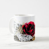 Mug Rose rouge romantique et dentelle blanche (Devant gauche)