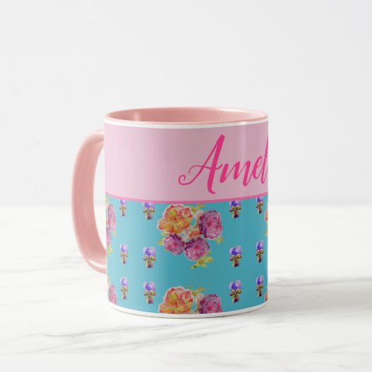 Mug Rose rouge Shabby Chic Aqua Turquoise Floral Flowe (Devant gauche)