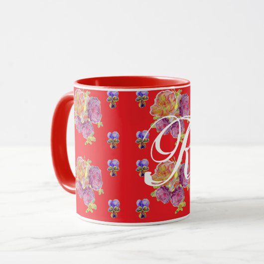 Mug Rose rouge Shabby Chic Rose Motif Floral Initial (Devant gauche)