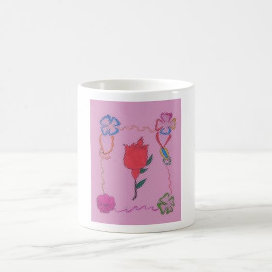 Mug Rose rouge sur rose : Art Floral Frontière Imprime (Centre)