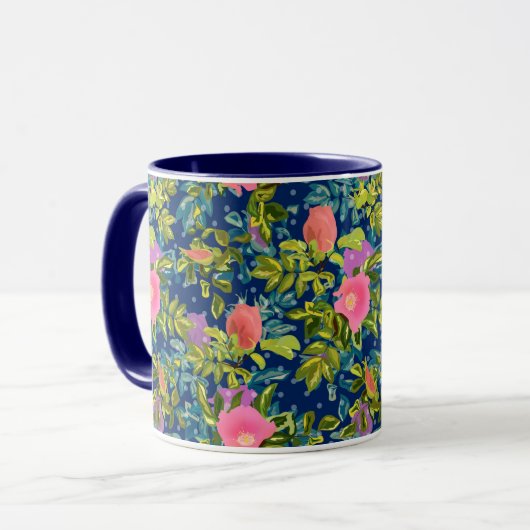 Mug Rose sauvage, arrière - plan bleu, rose sauvage, r (Devant gauche)