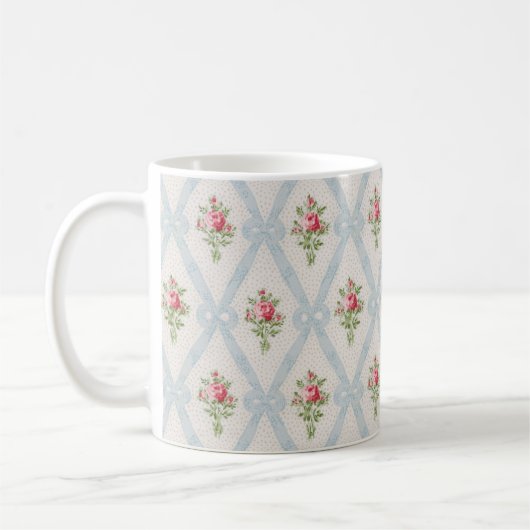 Mug Rose Victorian Roses w/Blue Ribbon Lattice (Gauche)