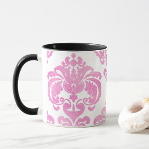 Mug Rose vif et blanc élégant chic motif damassé