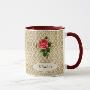 Mug Rose vintage de rose de motif de damassé d'or pou