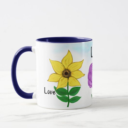 Mug Rose violet Fleurs Jaunes Aimer (Gauche)