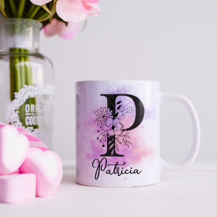 Mug Rose Violet Floral Noir Lettre Monogramme P