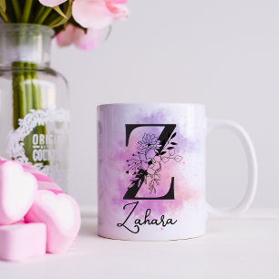 Mug Rose Violet Floral Noir Lettre Monogramme Z