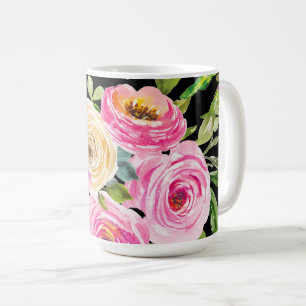 Mug Roses aquarelles en rose et crème sur fond noir