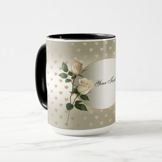 Mug Roses Blanches Cœurs Dorés (Devant gauche)