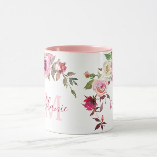Mug Roses blanches et roses roses blanches Nom Monogra (Centre)