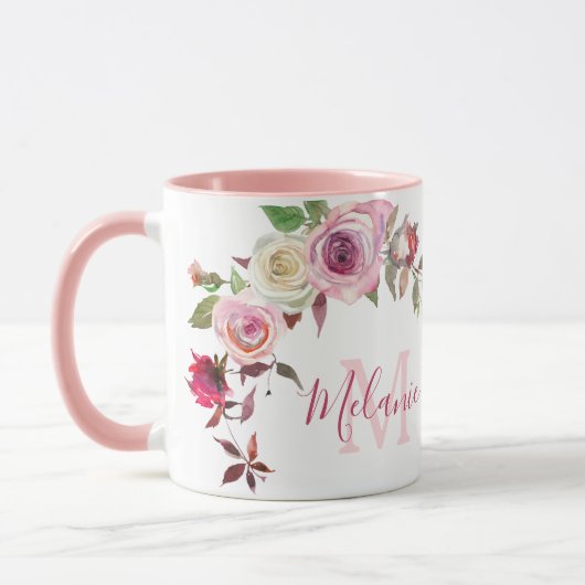Mug Roses blanches et roses roses blanches Nom Monogra (Gauche)