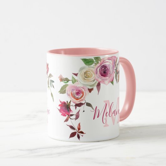 Mug Roses blanches et roses roses blanches Nom Monogra (Devant droit)