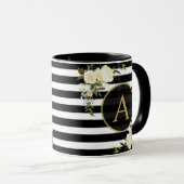 Mug ROSES BLANCHES Or Monogramme noir blanc rayé (Devant droit)