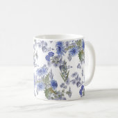 Mug Roses bleues aquarelle fleurs plumes blanches (Devant droit)