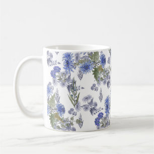 Mug Roses bleues aquarelle fleurs plumes blanches