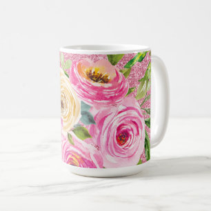 Mug Roses d'aquarelle en Parties scintillant rose et c