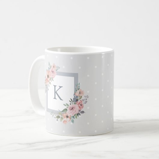 Mug Roses d'aquarelle rose et points gris | Monogramme (Devant gauche)