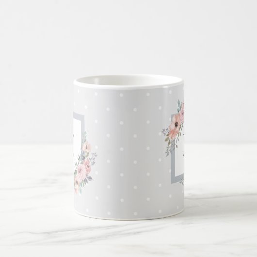 Mug Roses d'aquarelle rose et points gris | Monogramme (Centre)