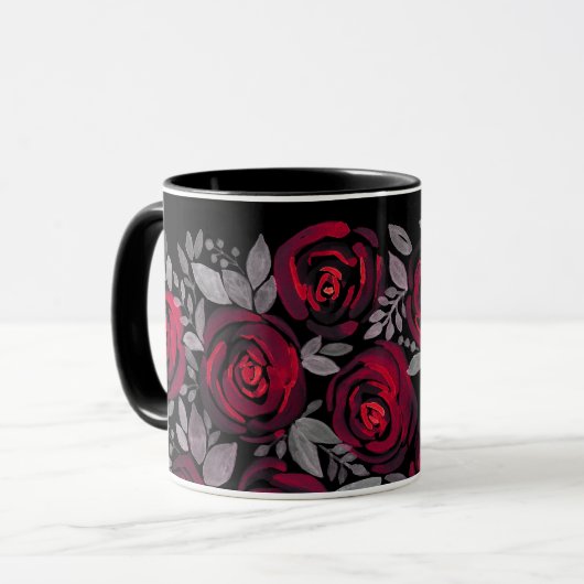 Mug Roses d'aquarelle, roses rouges sur noir (Devant gauche)