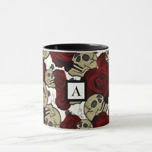 Mug Roses et crânes rouges Noir Floral Blanc gothique
