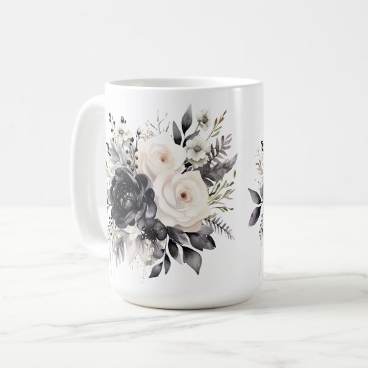 Mug Roses noires et blanches en blanc (Devant gauche)