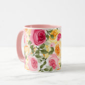 Mug Roses rose et jaune Ferme Chic Shabby Chic Floral (Devant gauche)