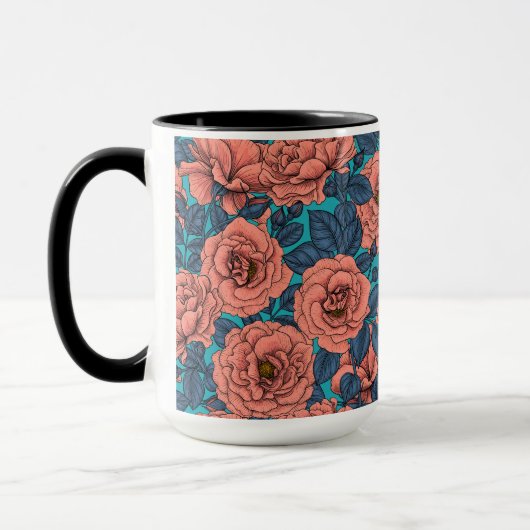 Mug Roses roses avec feuilles bleus sur bleu (Gauche)