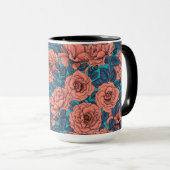 Mug Roses roses avec feuilles bleus sur bleu (Devant droit)