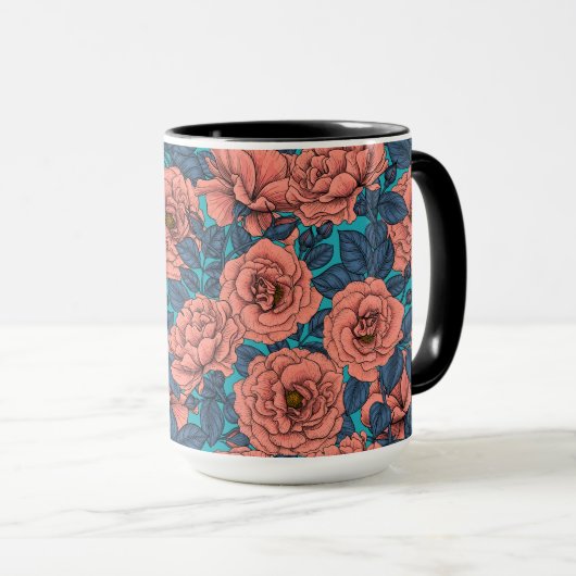 Mug Roses roses avec feuilles bleus sur bleu (Devant droit)